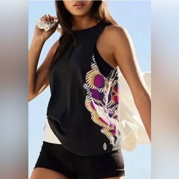 FP Movement by Free People Black Tank Top with Pink and Purple Accents - Picture 1 of 8